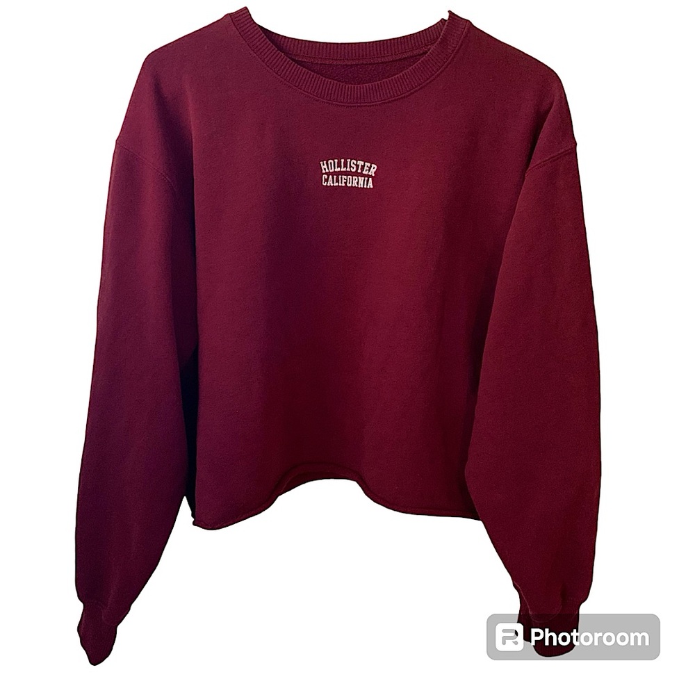 Hollister Cropped Sweatshirt Burgundy Maroon Logo Embroidered Large Soft Cotton - Picture 1 of 5